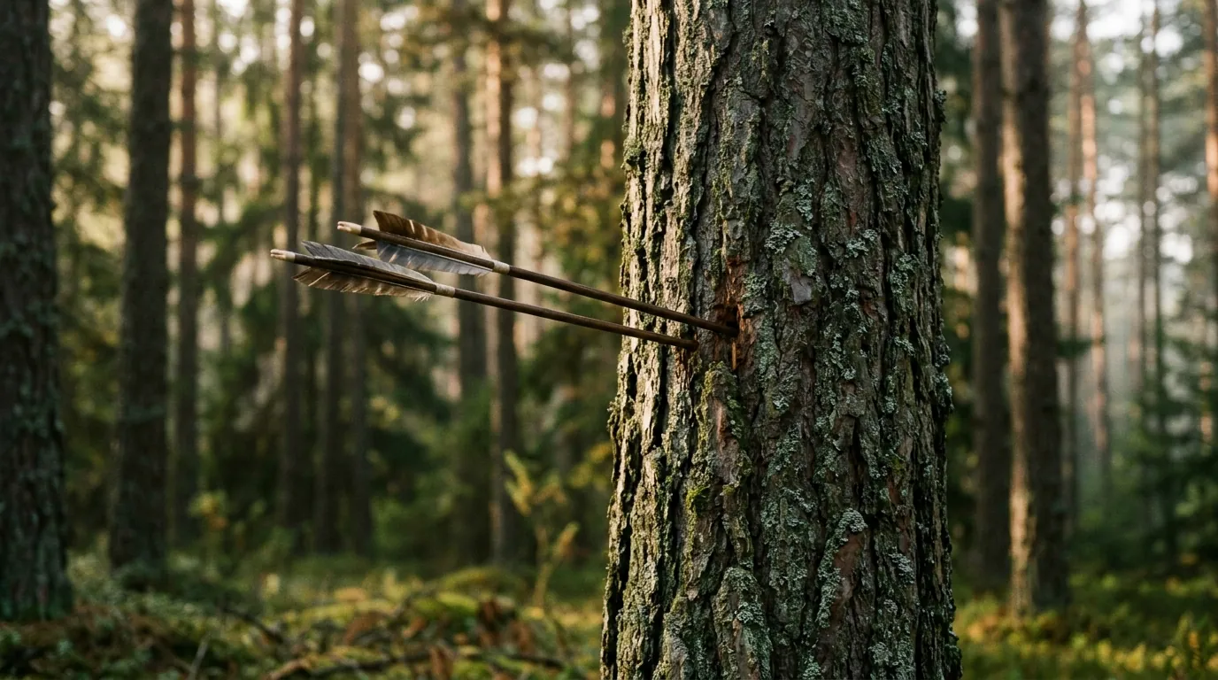 Due frecce conficcate nel tronco di un pino, nel bosco