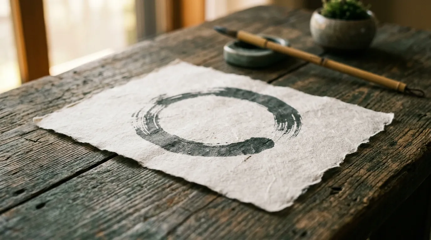 Un cerchio enso tracciato a pennello su un foglio di carta