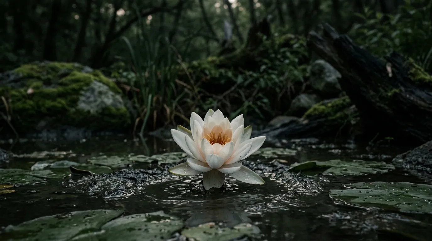 Un fiore di loto bianco che sboccia nell'acqua scura di uno stagno