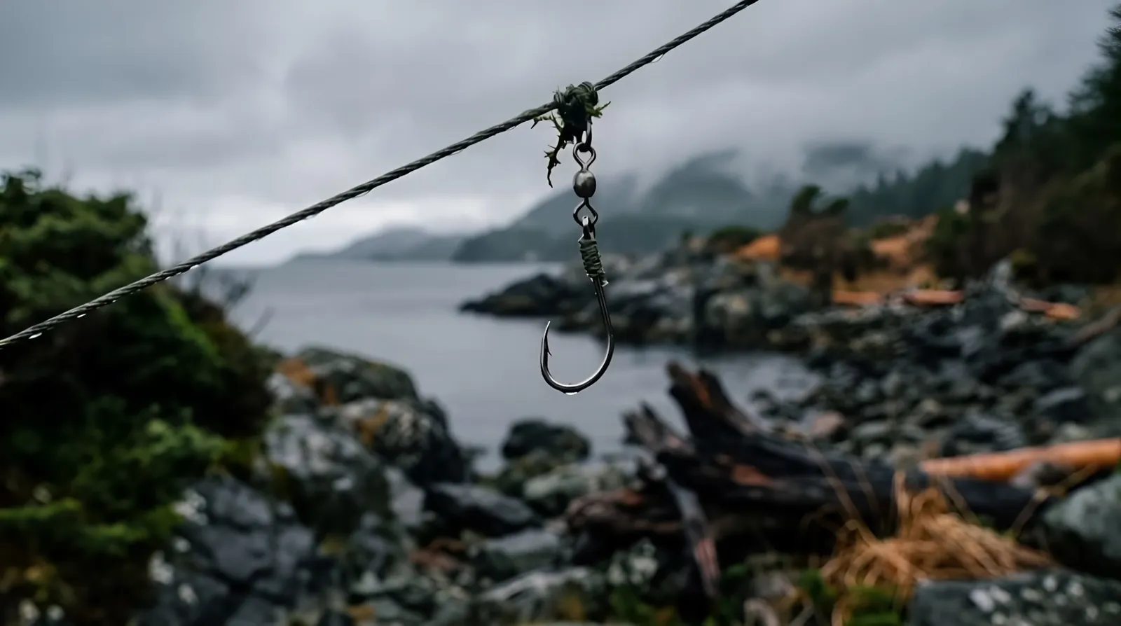 Un amo appeso alla lenza, sopra la riva di un lago