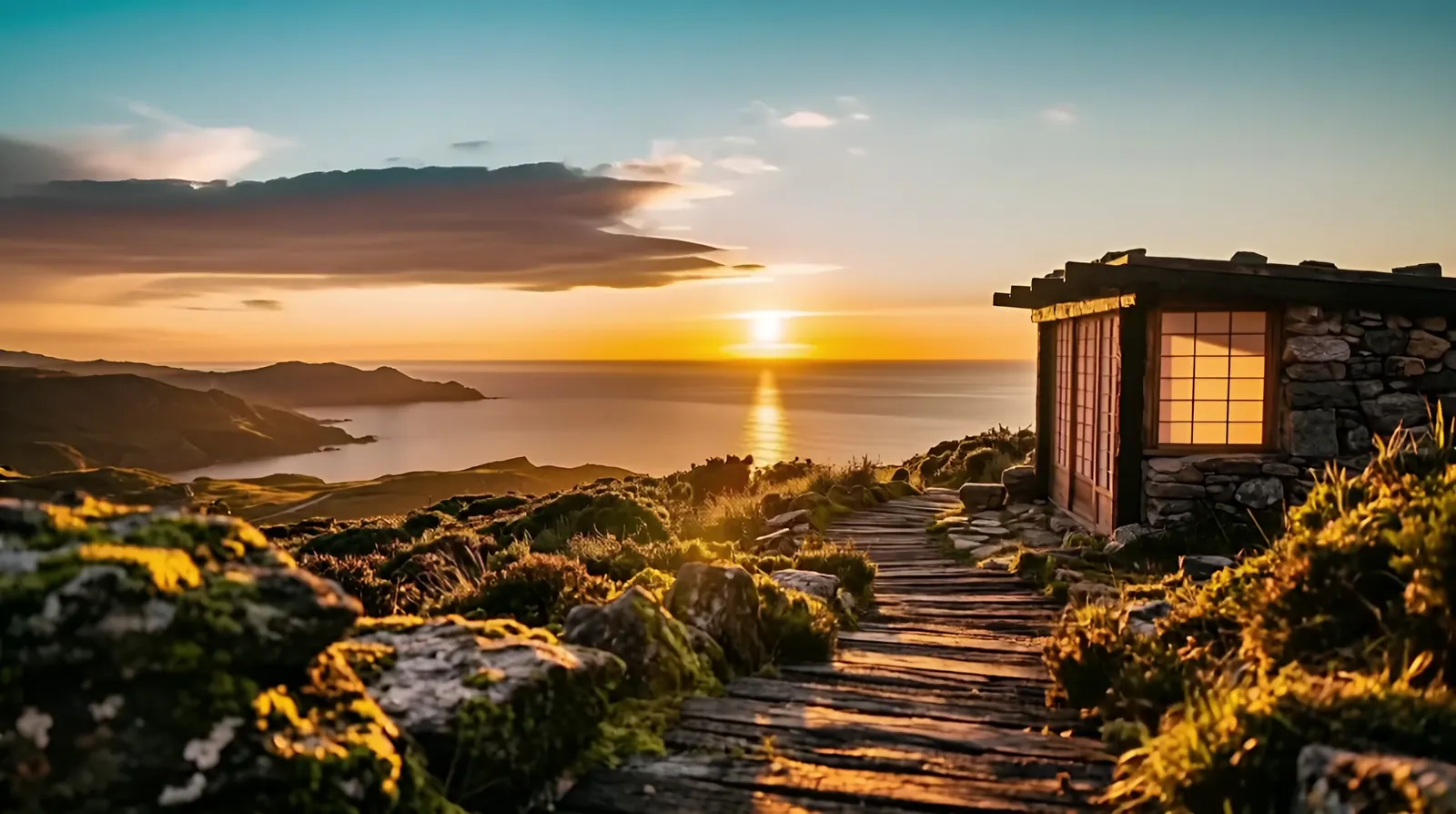 Una piccola casa di legno sulla collina, al tramonto sul mare