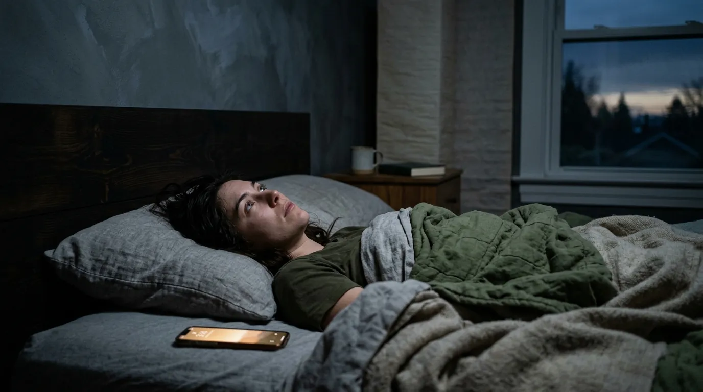 Una persona sveglia nel letto, lo sguardo fisso al soffitto